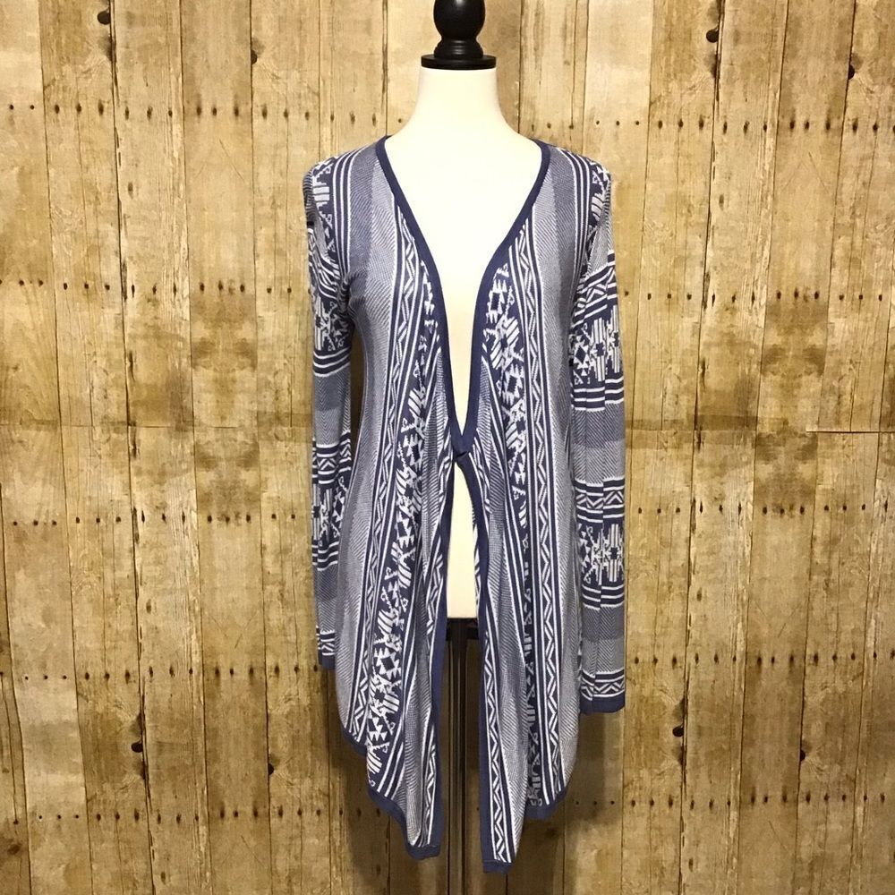 Faded Glory Blue and White Long Open Front Cardigan S 4-6